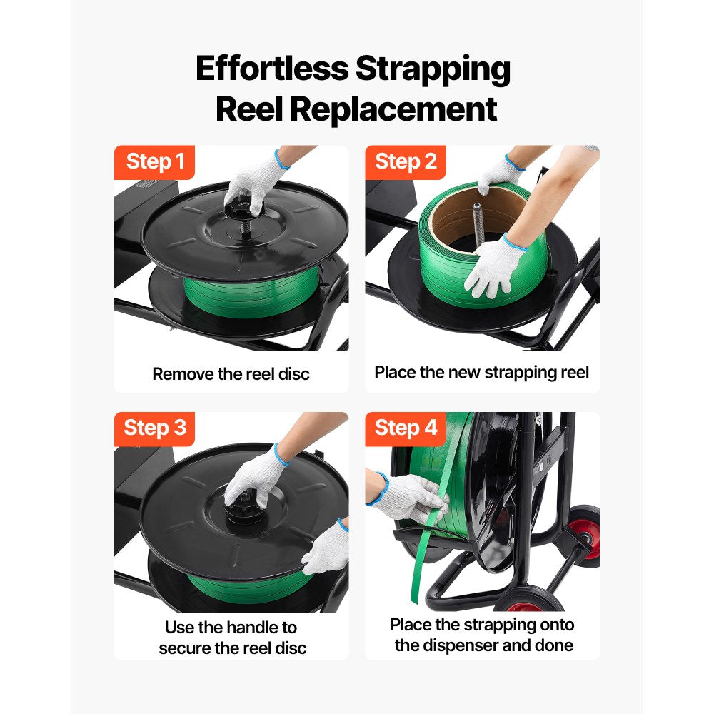 VEVOR Banding Strapping Cart, Fit for PET / PP / Polyester Strapping Coils with 8 inches Core Size, Heavy Duty Strapping Dispenser Equipped with Upgrade Brake System, Built-in Spacious Tray for Tools