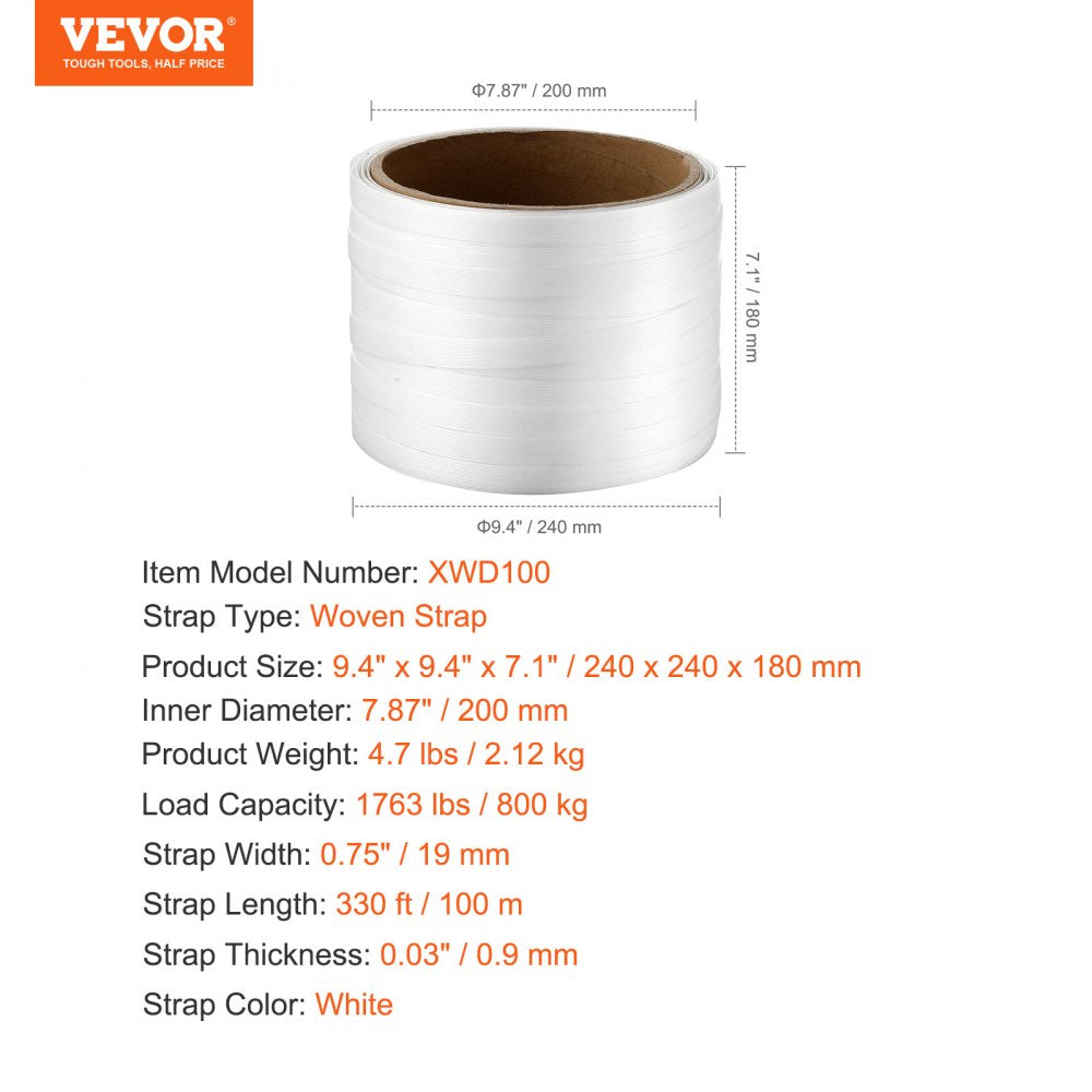 VEVOR Packaging Woven Cord Strapping Roll, 330' Length x 3/4" Width x 0.03" Thickness, 1763 lbs Break Strength, Heavy Duty Banding Pallet Strap Coil, Portable Strong Banding Packing Straps, White
