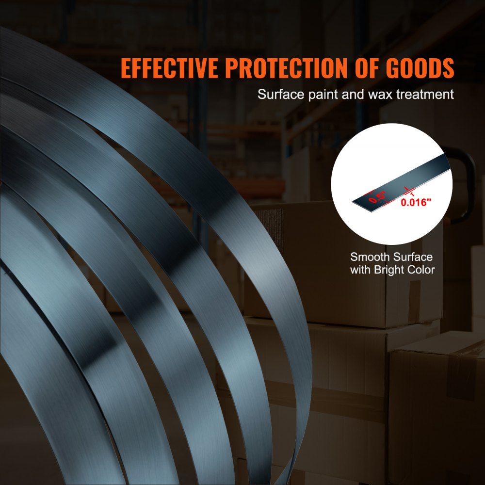 VEVOR Packaging Steel Strapping Roll, 330' Length x 1/2" Width x 0.016" Thickness, 1100 lbs Break Strength, Heavy Duty Banding Pallet Strap Coil, Portable Strong Banding Packing Metal Straps, Black