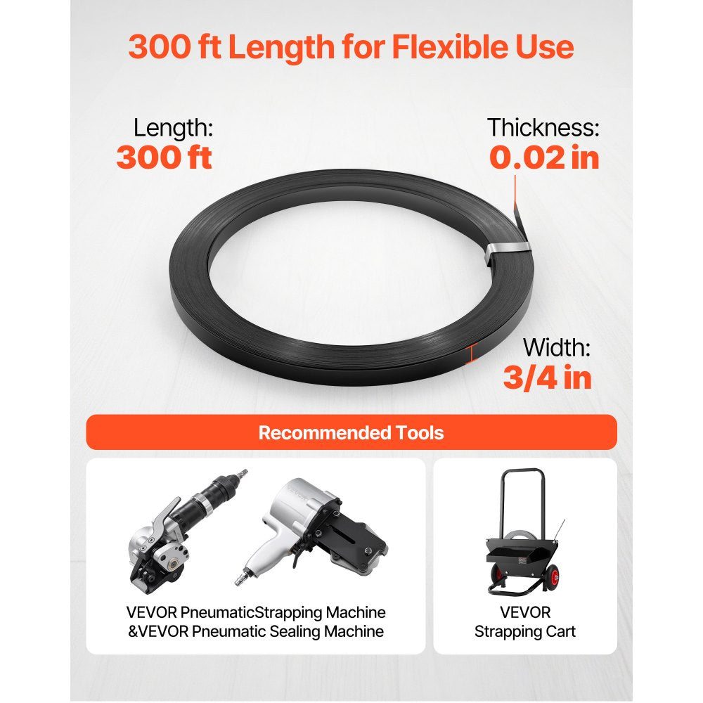 VEVOR Steel Strapping Coil, 3/4 in x 0.02 in x 300 ft, Metal Strapping Banding Roll Withstands Harsh Environment, 1710 lbs Break Strength, Heavy Duty Banding Pallet Strap Coil for Pallet Packing