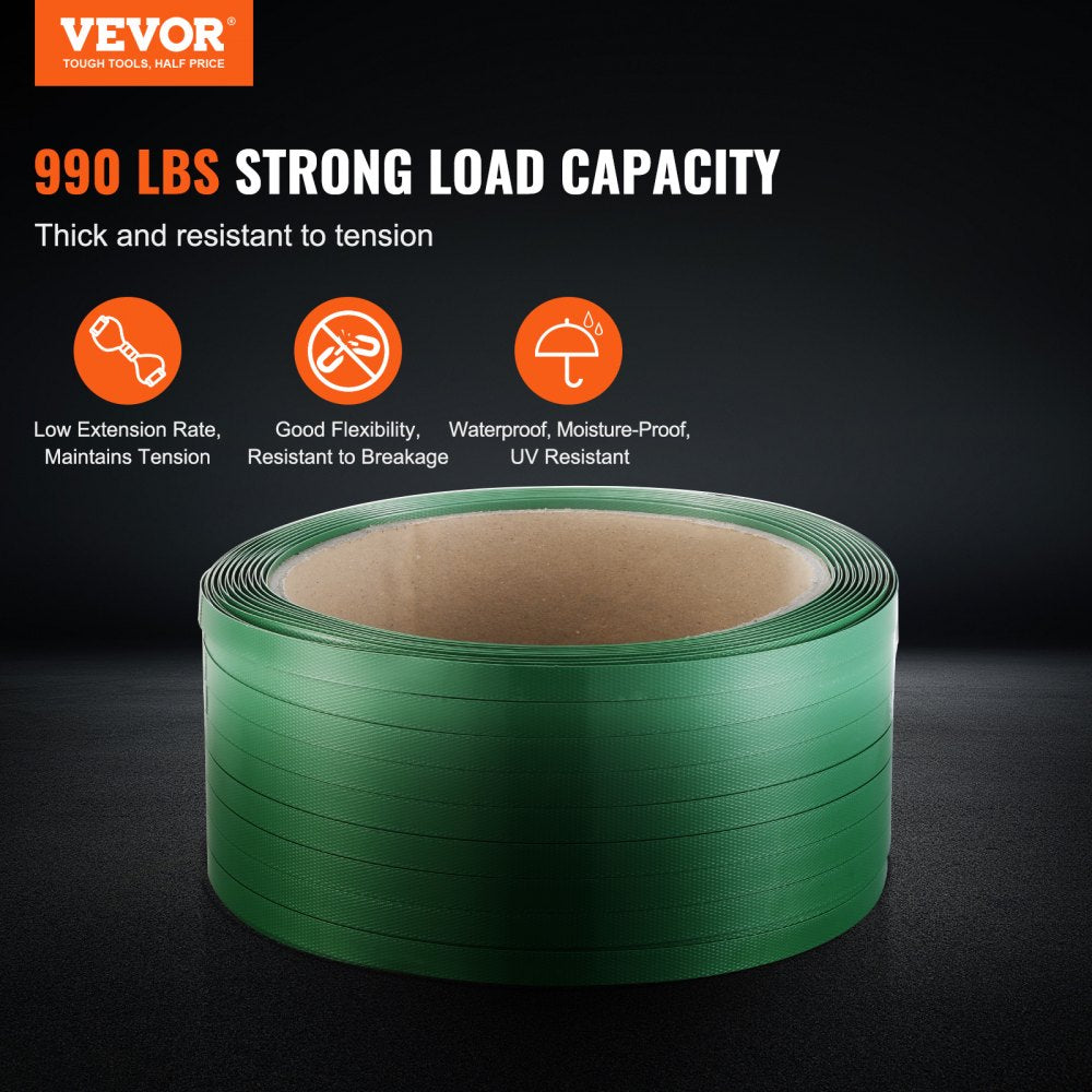 VEVOR Packaging Polyester PET Strapping Roll, 1000' Length x 0.63" Width x 0.03" Thickness, 992 lbs Break Strength, Heavy Duty Banding Pallet Strap Coil, Portable Strong Banding Packing Straps, Green