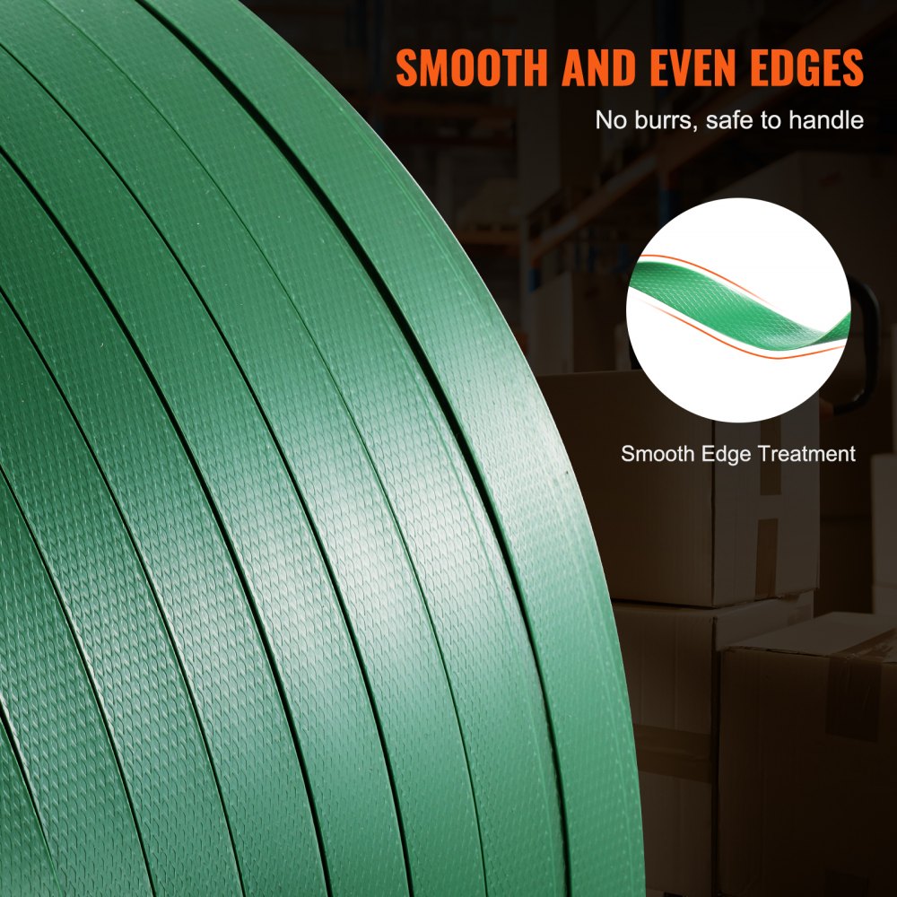 VEVOR Packaging Polyester PET Strapping Roll, 1000' Length x 0.63" Width x 0.03" Thickness, 992 lbs Break Strength, Heavy Duty Banding Pallet Strap Coil, Portable Strong Banding Packing Straps, Green