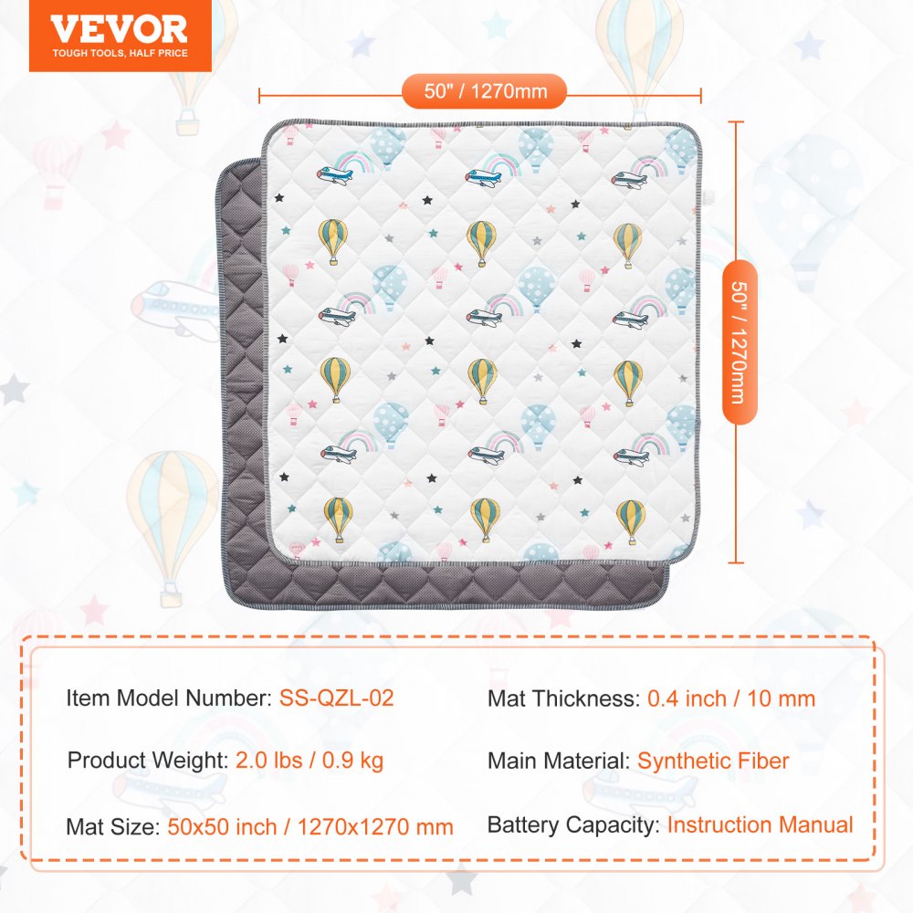 VEVOR Baby Play Mat, 50""x50"" Baby Crawling Mat, Non-Slip One-Piece Soft Baby Playmat, Foldable Floor Mat, Waterproof Activity Playmats for Babies,Toddlers, Infants, Machine Washable, Play & Tummy Time