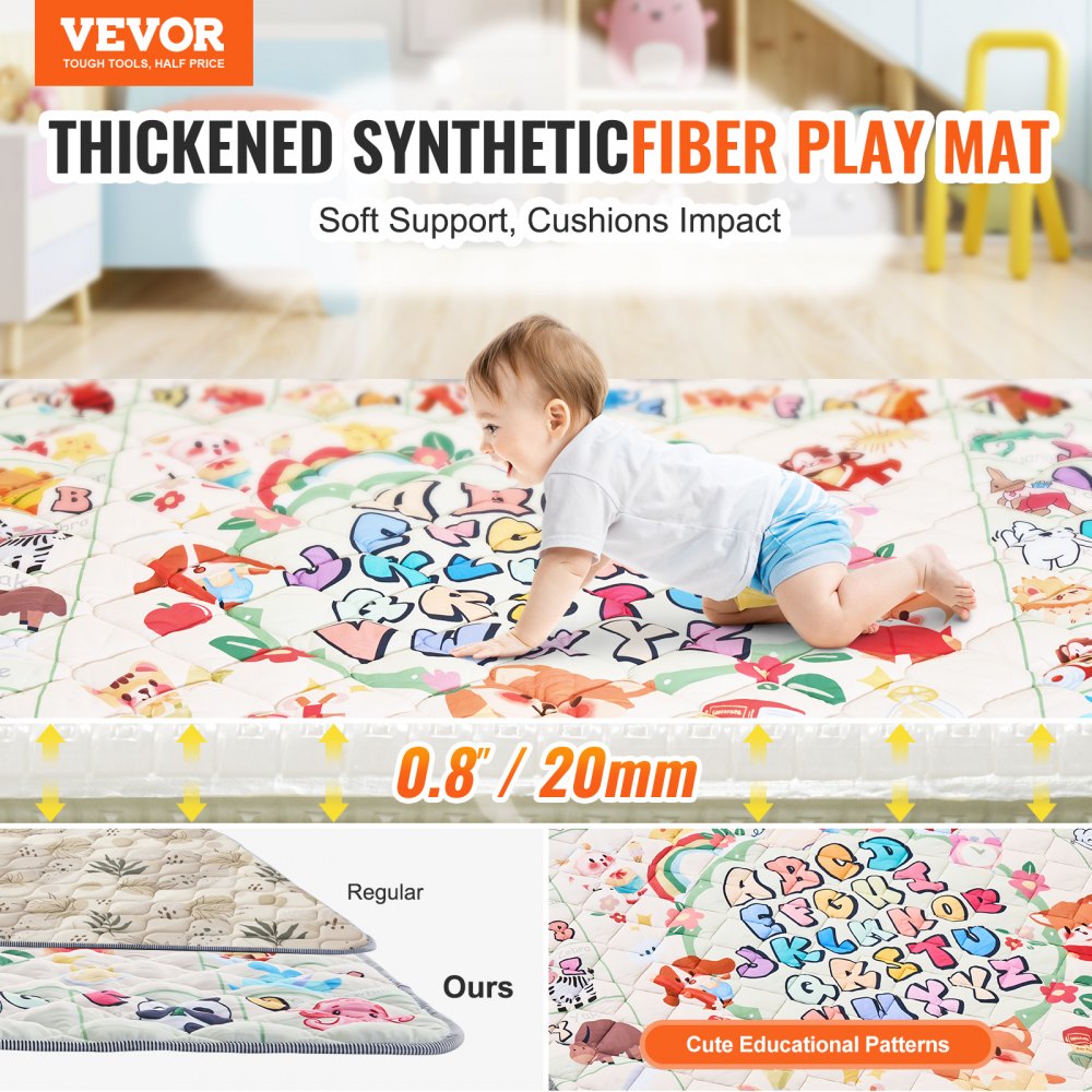 VEVOR Baby Play Mat, 50""x50"" Baby Crawling Mat, Non-Slip One-Piece Thickened Soft Baby Playmat, Foldable Rollable Floor Mat, Waterproof Activity Playmats for Babies,Toddlers, Infants, Machine Washable