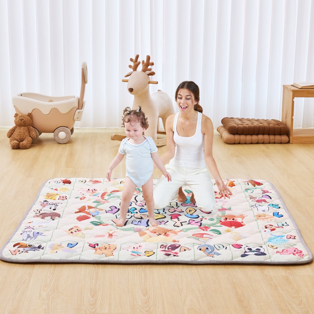 VEVOR Baby Play Mat, 50""x50"" Baby Crawling Mat, Non-Slip One-Piece Thickened Soft Baby Playmat, Foldable Rollable Floor Mat, Waterproof Activity Playmats for Babies,Toddlers, Infants, Machine Washable