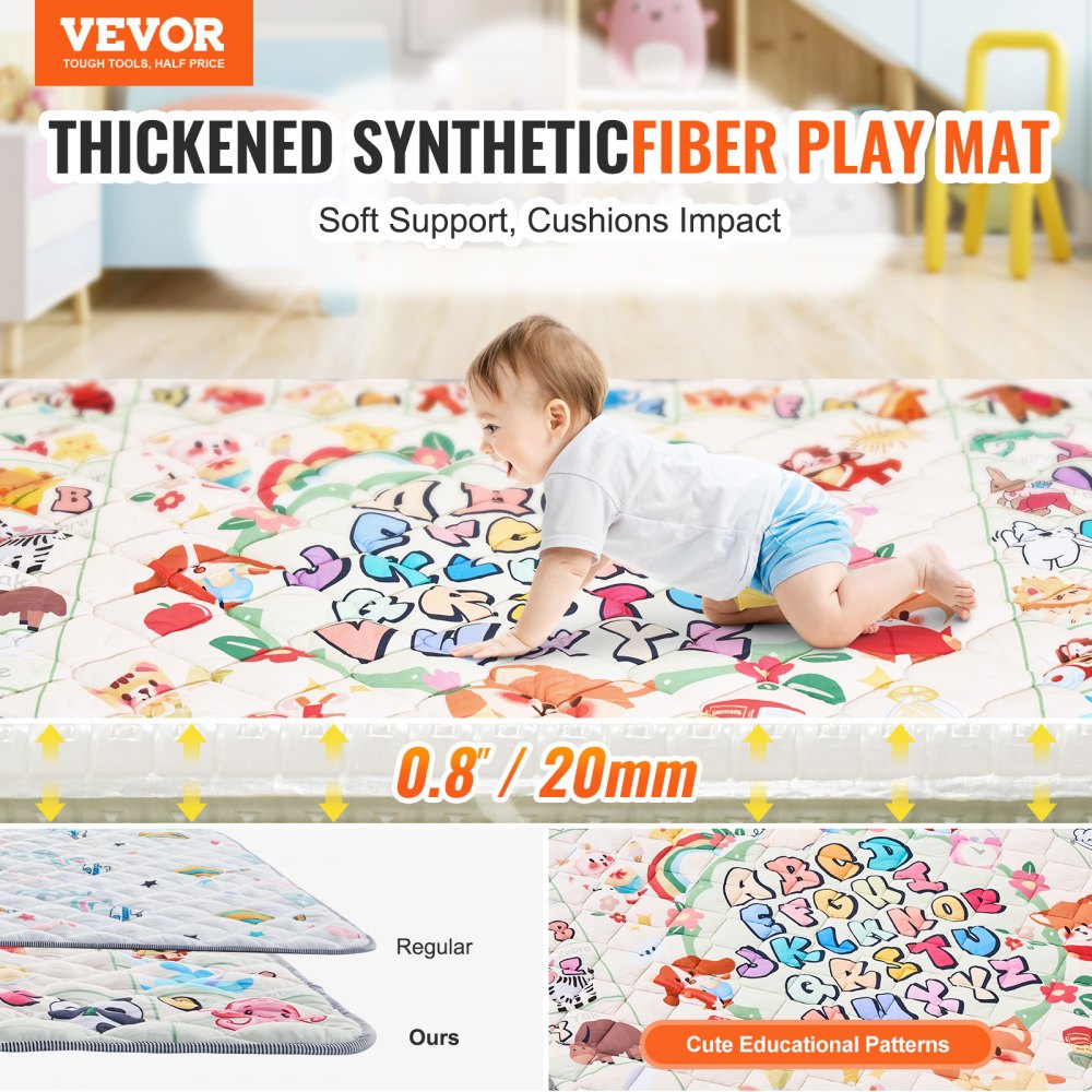 VEVOR Baby Play Mat, 59""x71"" Baby Crawling Mat, Non-Slip One-Piece Thickened Soft Baby Playmat, Foldable Rollable Floor Mat, Waterproof Activity Playmats for Babies,Toddlers, Infants, Machine Washable