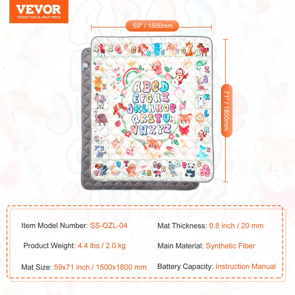 VEVOR Baby Play Mat, 59""x71"" Baby Crawling Mat, Non-Slip One-Piece Thickened Soft Baby Playmat, Foldable Rollable Floor Mat, Waterproof Activity Playmats for Babies,Toddlers, Infants, Machine Washable