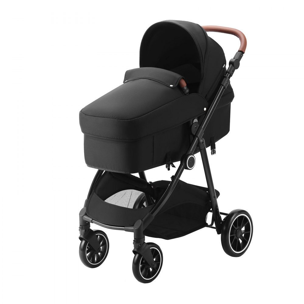 VEVOR Standard Baby Stroller, Infant Toddler Stroller with Bassinet, 3rd-Gear Adjustable Backrest & Foldable & Reversible Seat, Carbon Steel Newborn Stroller with Leg Cover and Mesh Net, Black