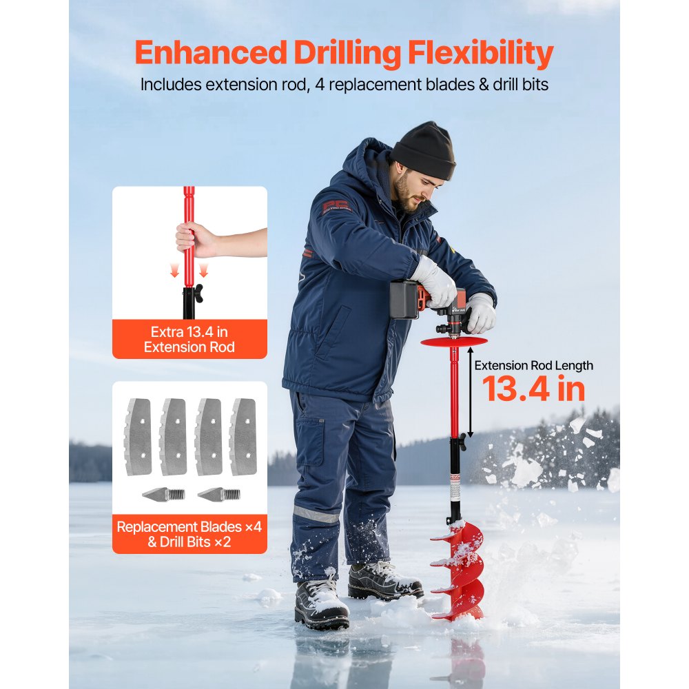 VEVOR Ice Auger Drill Bit, 8in Diameter 39in Length, Cordless Nylon Ice Fishing Augers With Extra 13.4in Extension Rod, Drill Adapter, Top Plate and Blade Guard