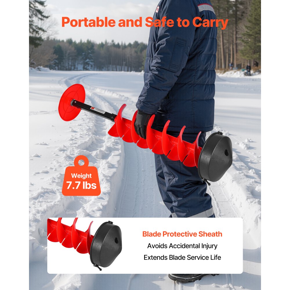 VEVOR Ice Auger Drill Bit, 8in Diameter 41in Length, Cordless Nylon Ice Fishing Augers With Extra 13.4in Extension Rod, Drill Adapter, Top Plate and Blade Guard