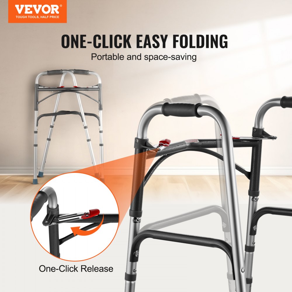 VEVOR Folding Walker, 2-Button Folding Walkers with 8-Level Adjustable Height and Durable Handles, Lightweight Aluminum Mobility Walker Aid for Elderly Handicapped Disabled, Up to 350 Pounds