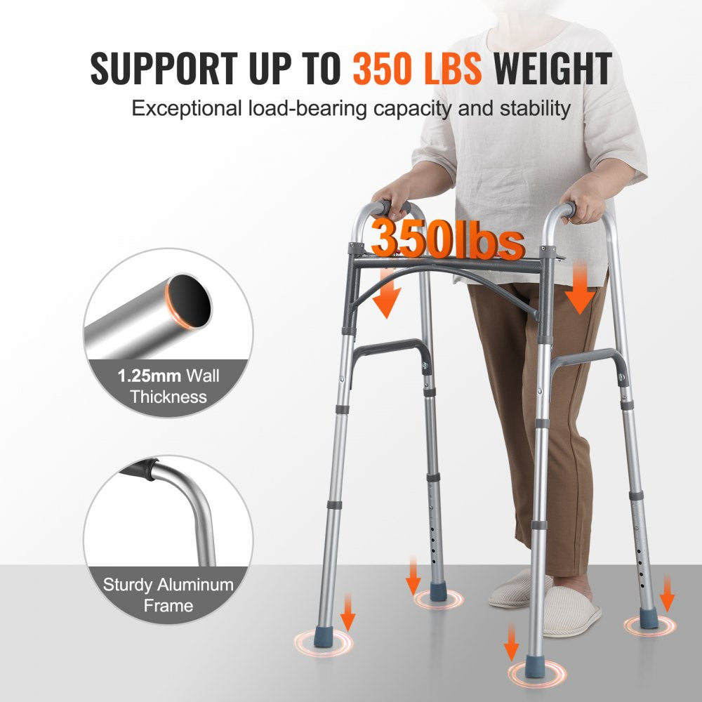 VEVOR Folding Walker, 2-Button Folding Walkers with 8-Level Adjustable Height and Durable Handles, Lightweight Aluminum Mobility Walker Aid for Elderly Handicapped Disabled, Up to 350 Pounds