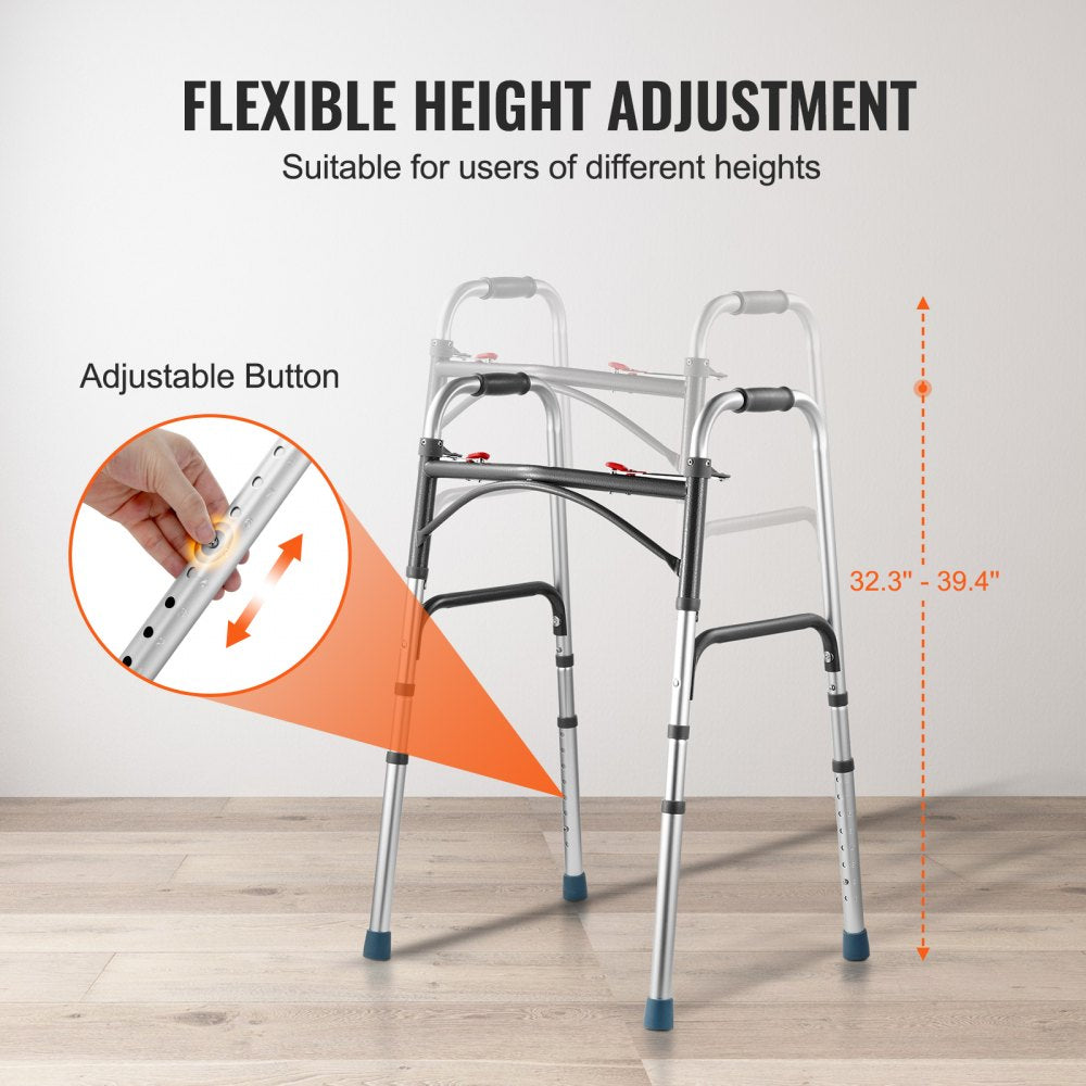 VEVOR Folding Walker, 2-Button Folding Walkers with 8-Level Adjustable Height and Durable Handles, Lightweight Aluminum Mobility Walker Aid for Elderly Handicapped Disabled, Up to 350 Pounds