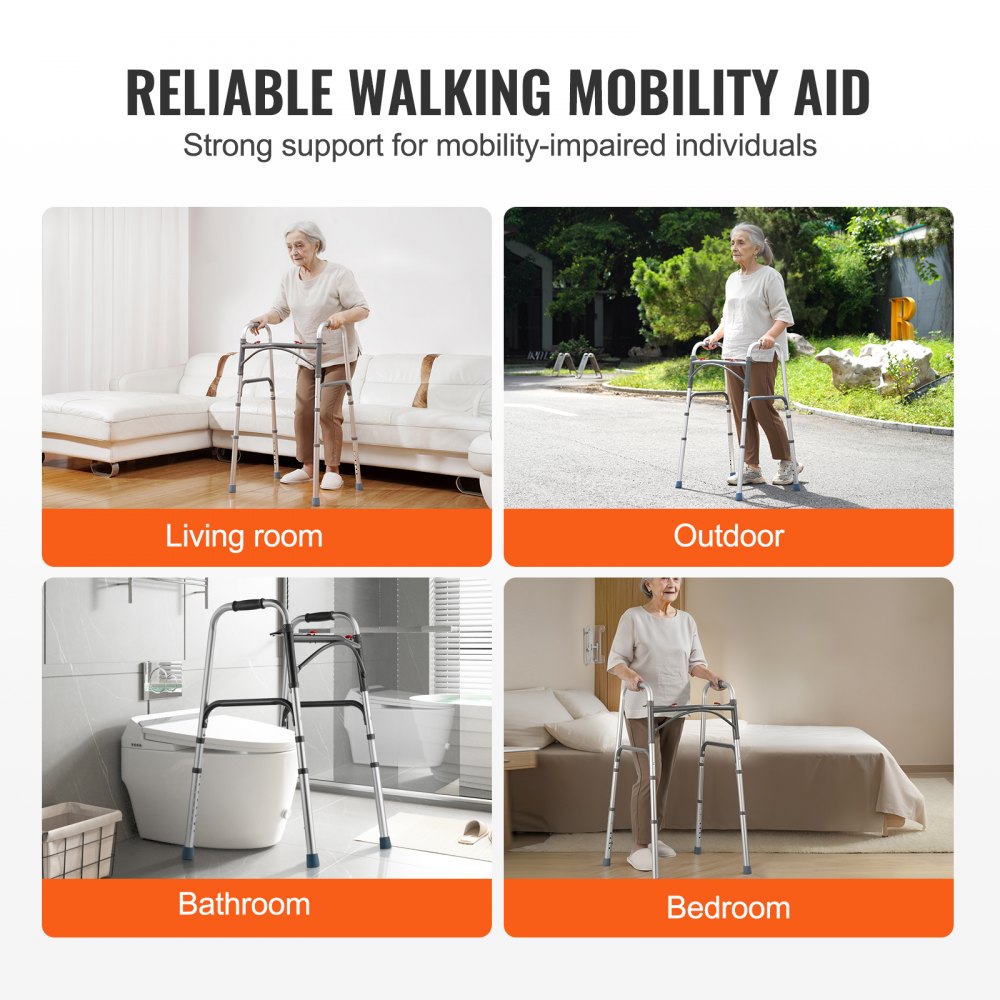VEVOR Folding Walker, 2-Button Folding Walkers with 8-Level Adjustable Height and Durable Handles, Lightweight Aluminum Mobility Walker Aid for Elderly Handicapped Disabled, Up to 350 Pounds