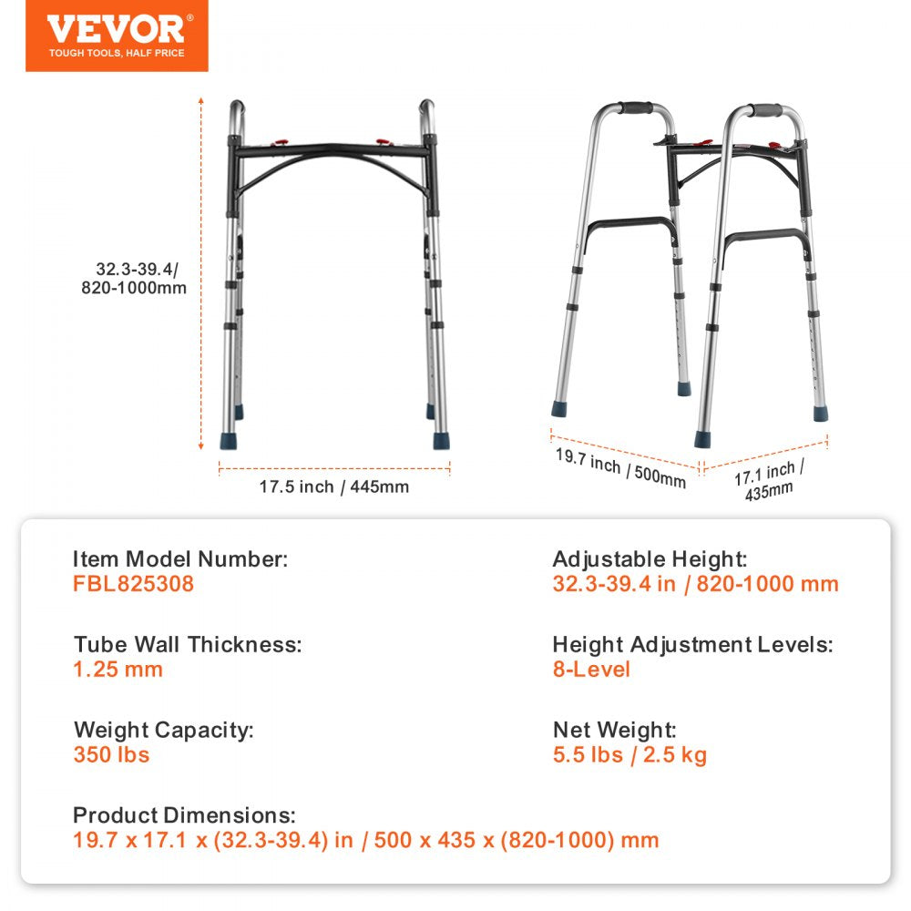 VEVOR Folding Walker, 2-Button Folding Walkers with 8-Level Adjustable Height and Durable Handles, Lightweight Aluminum Mobility Walker Aid for Elderly Handicapped Disabled, Up to 350 Pounds