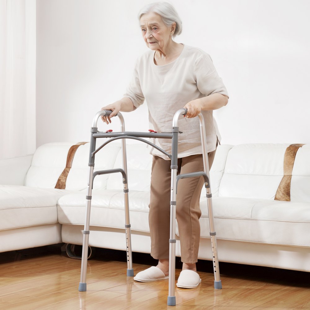 VEVOR Folding Walker, 2-Button Folding Walkers with 8-Level Adjustable Height and Durable Handles, Lightweight Aluminum Mobility Walker Aid for Elderly Handicapped Disabled, Up to 350 Pounds