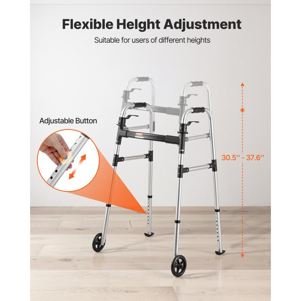 VEVOR Folding Walker, 2-Button Foldable Walker with 5" Wheels & 8-Level Adjustable Height, 350LBS Loading Lightweight Aluminum Mobility Walking Aid, Front-Wheeled Rolling Walkers for Seniors Adults