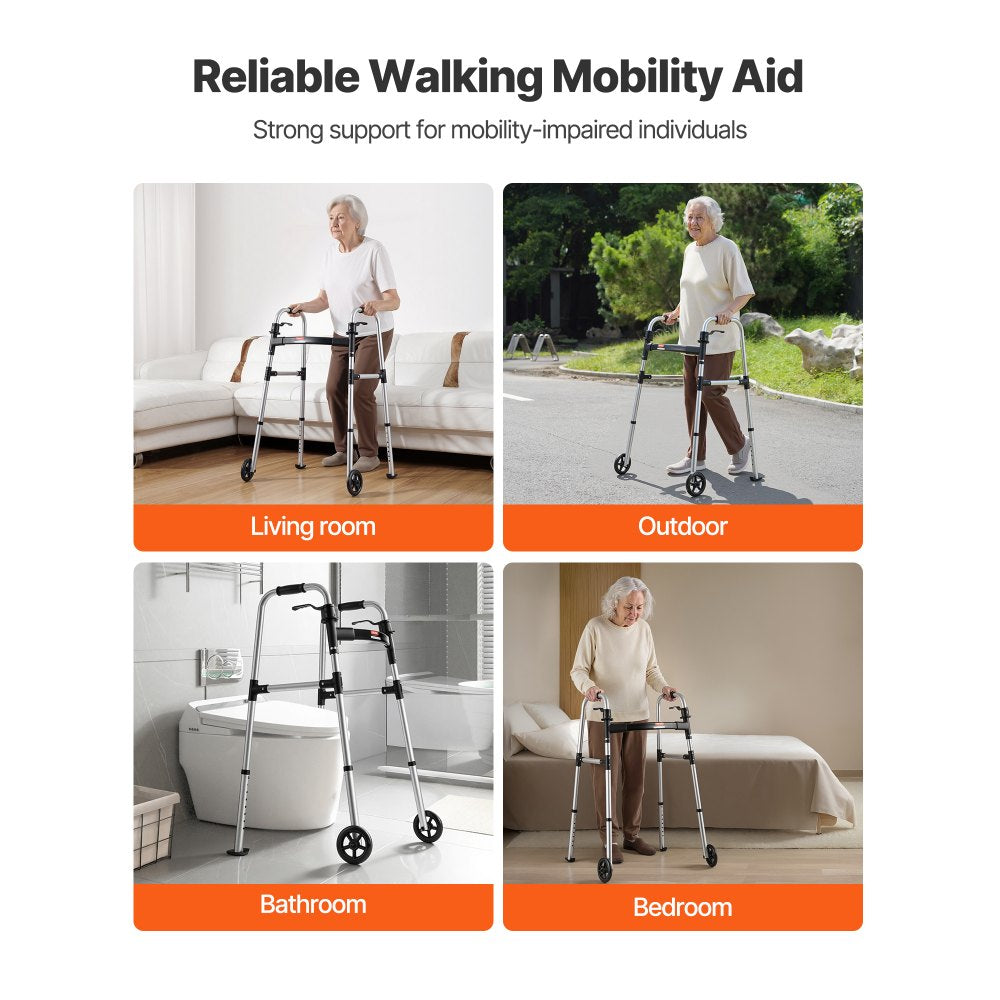 VEVOR Folding Walker, 2-Button Foldable Walker with 5" Wheels & 8-Level Adjustable Height, 350LBS Loading Lightweight Aluminum Mobility Walking Aid, Front-Wheeled Rolling Walkers for Seniors Adults