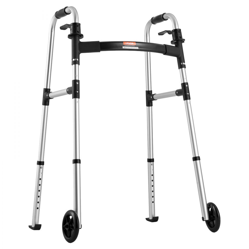 VEVOR Folding Walker, 2-Button Foldable Walker with 5" Wheels & 8-Level Adjustable Height, 350LBS Loading Lightweight Aluminum Mobility Walking Aid, Front-Wheeled Rolling Walkers for Seniors Adults