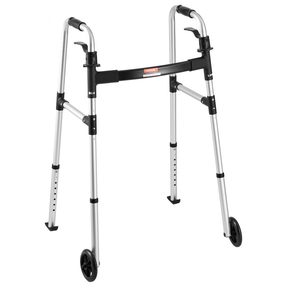 VEVOR Folding Walker, 2-Button Foldable Walker with 5" Wheels & 8-Level Adjustable Height, 350LBS Loading Lightweight Aluminum Mobility Walking Aid, Front-Wheeled Rolling Walkers for Seniors Adults