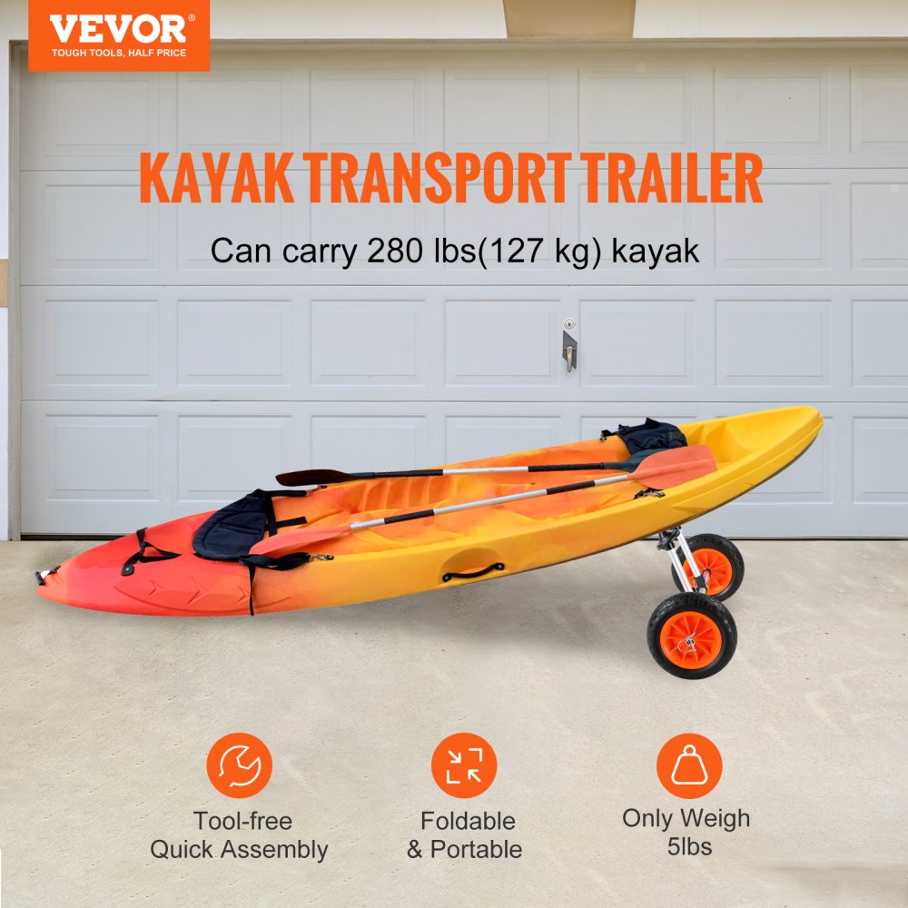 VEVOR Heavy Duty Kayak Cart, 280lbs Load Capacity, Detachable Canoe Trolley Cart with 10'' Solid Tires, Adjustable Width & Top Foam Protection, for Kayaks with Drain Holes of 2.54 cm and Above