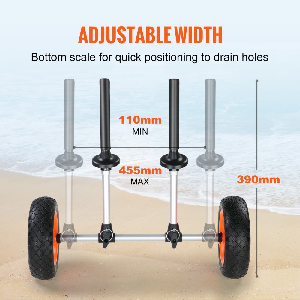 VEVOR Heavy Duty Kayak Cart, 280lbs Load Capacity, Detachable Canoe Trolley Cart with 10'' Solid Tires, Adjustable Width & Top Foam Protection, for Kayaks with Drain Holes of 2.54 cm and Above