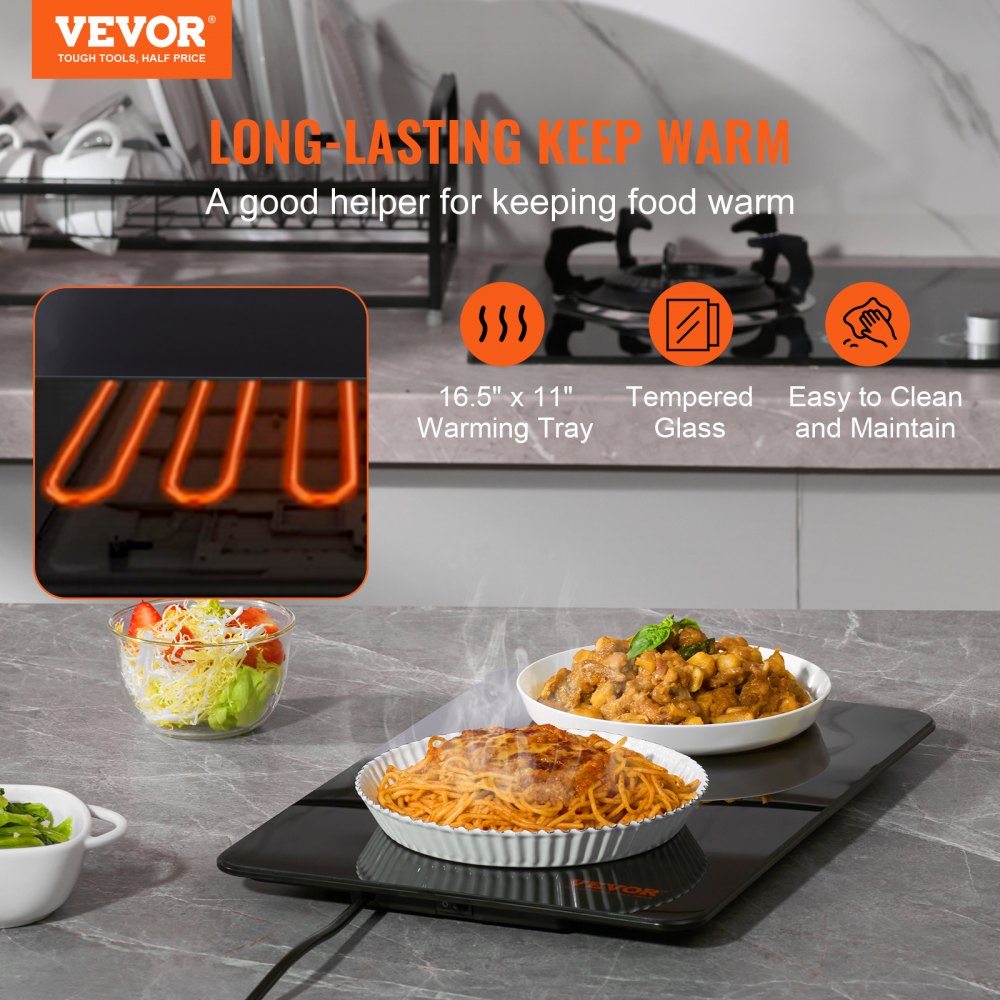 VEVOR Electric Warming Tray, 16.5" x 11" Portable Tempered Glass Heating Tray with Temperature Range (65-90℃), Perfect for Dinner, Catering, House, Parties, Events, Entertaining and Holiday, Black