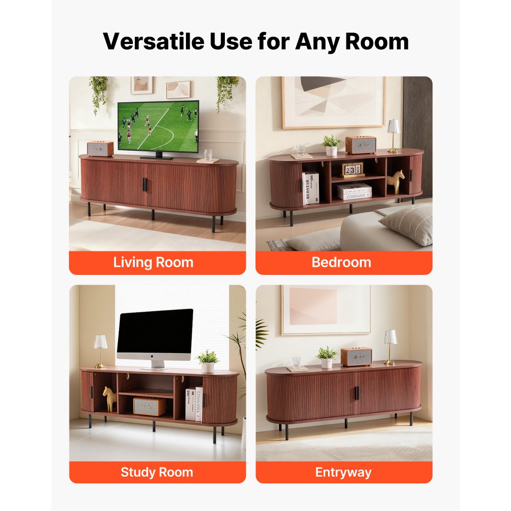 VEVOR TV Stand, Boho Entertainment Center for TVs up to 58 in, 350 lbs Load, TV Media Console Table with Adjustable Storage Shelves & Rolling Door, Television Stand for Living Room, Bedroom, Brown
