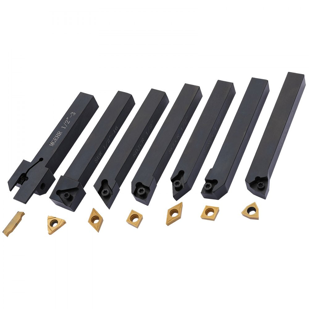 VEVOR 7 Pieces Indexable Lathe Turning Tool Holder, 1/2 in, CNC Heavy-Duty Metal Lathe Cutting Tools, with Tin Coated Carbide Inserts Aluminum Case, for Turning Grooving Threading Cut Off Holders Set