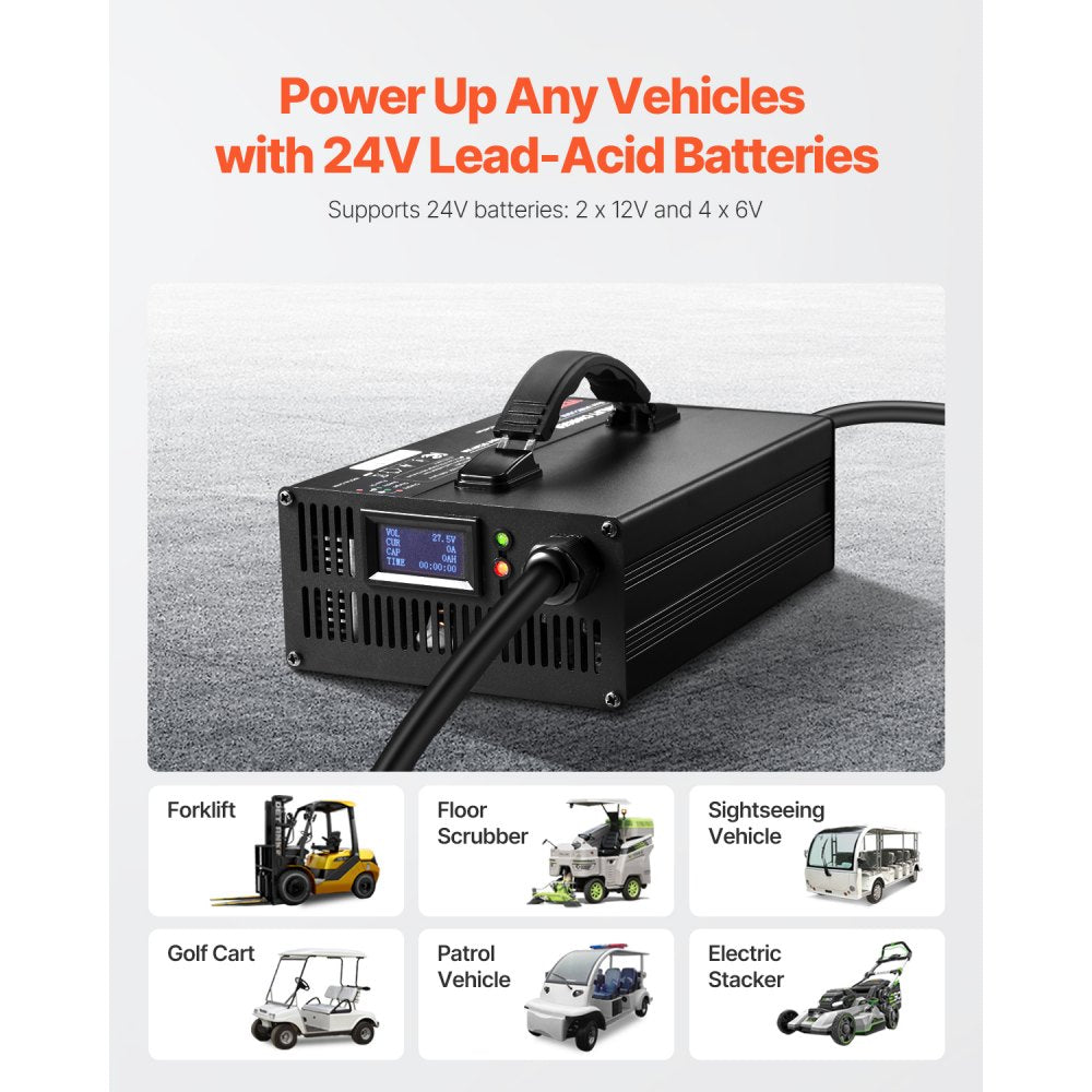 VEVOR Forklift Battery Charger, 24V, 30A Smart Fully-Automatic Lead-Acid Battery Charger, 24 Volt Trickle Charger with Anderson Plug, Cooling Fan, OLED Display, for Forklift Golf Cart Floor Scrubber