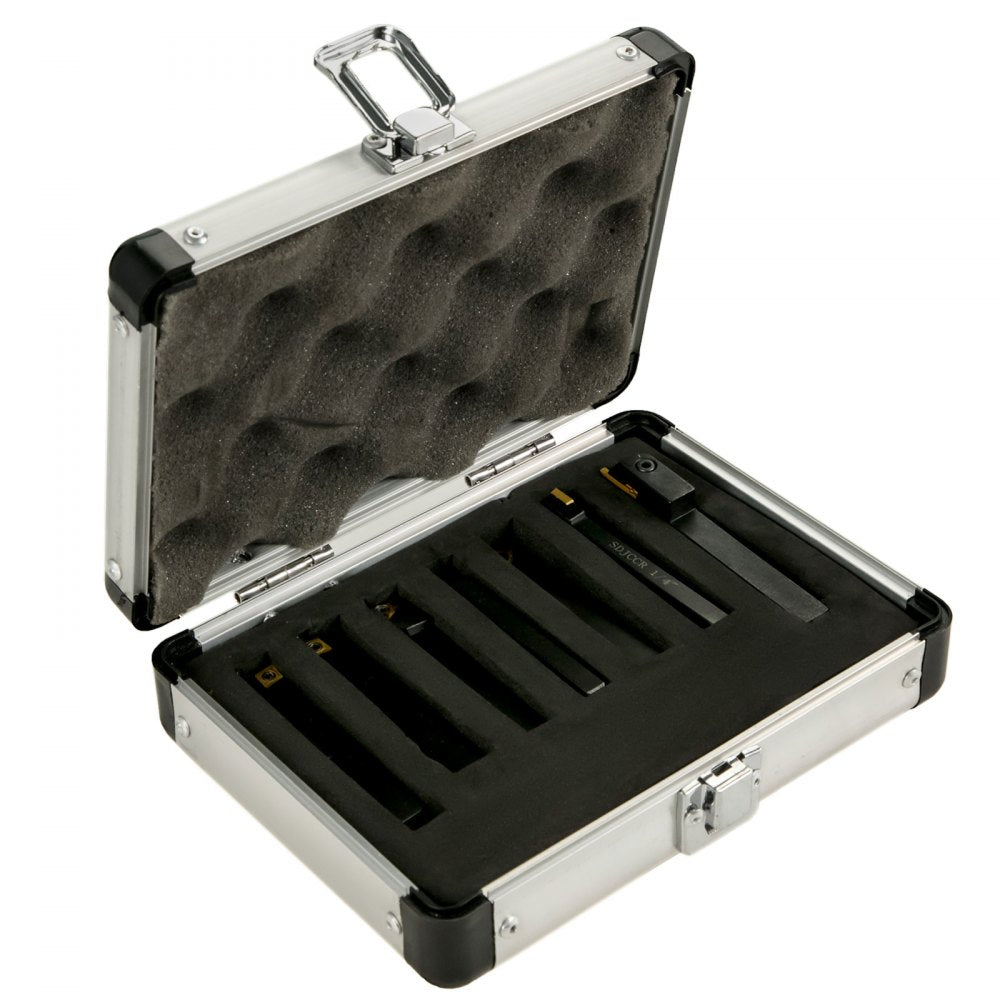 VEVOR Indexable Carbide Tools 1/4\" Industrial Lathe Tools 7Pcs/Set Turning Tool Set Super-hard 40cr Mental Lathe Tools Inserts Carbide Tool Holder for Lathe in Black with Portable Case