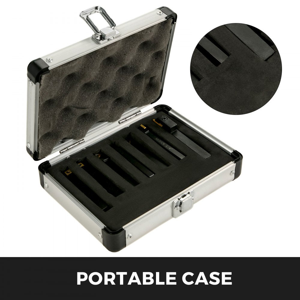 VEVOR Indexable Carbide Tools 1/4\" Industrial Lathe Tools 7Pcs/Set Turning Tool Set Super-hard 40cr Mental Lathe Tools Inserts Carbide Tool Holder for Lathe in Black with Portable Case