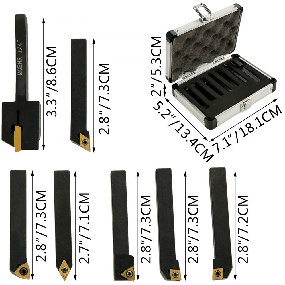 VEVOR Indexable Carbide Tools 1/4\" Industrial Lathe Tools 7Pcs/Set Turning Tool Set Super-hard 40cr Mental Lathe Tools Inserts Carbide Tool Holder for Lathe in Black with Portable Case