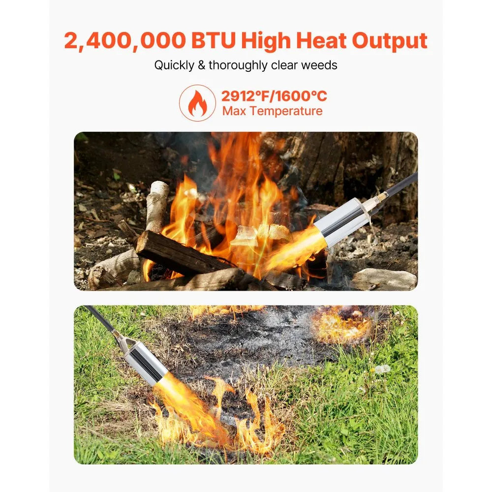 VEVOR Propane Torch Weed Burner, High Output 2,400,000 BTU with 10 ft Hose, Heavy Duty Blow Torch with Adjustable Flame and Turbo Trigger Push Button Igniter, Flamethrower Kit for Garden Ice Snow Road