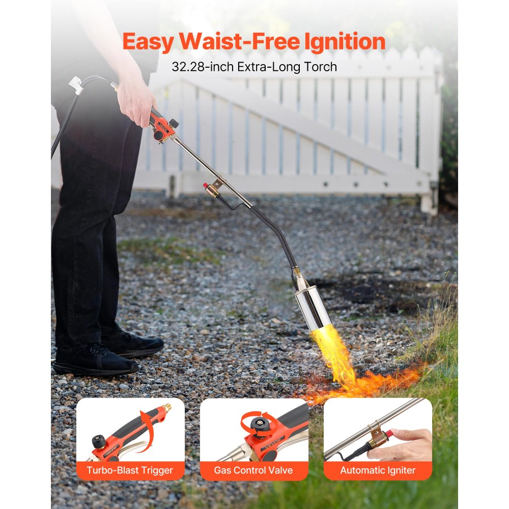 VEVOR Propane Torch Weed Burner, High Output 2,400,000 BTU with 10 ft Hose, Heavy Duty Blow Torch with Adjustable Flame and Turbo Trigger Push Button Igniter, Flamethrower Kit for Garden Ice Snow Road