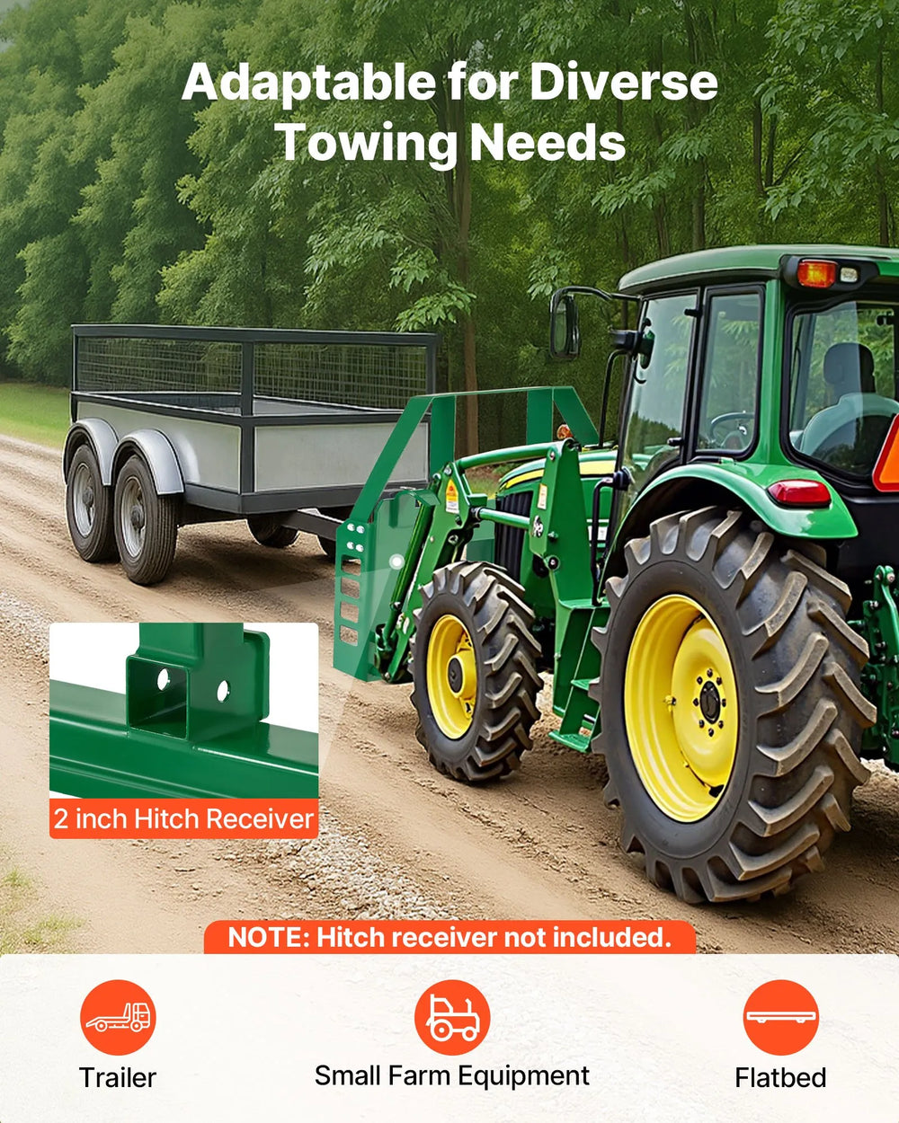 VEVOR pallet fork frame with 2-inch hitch receiver for towing (infographic)