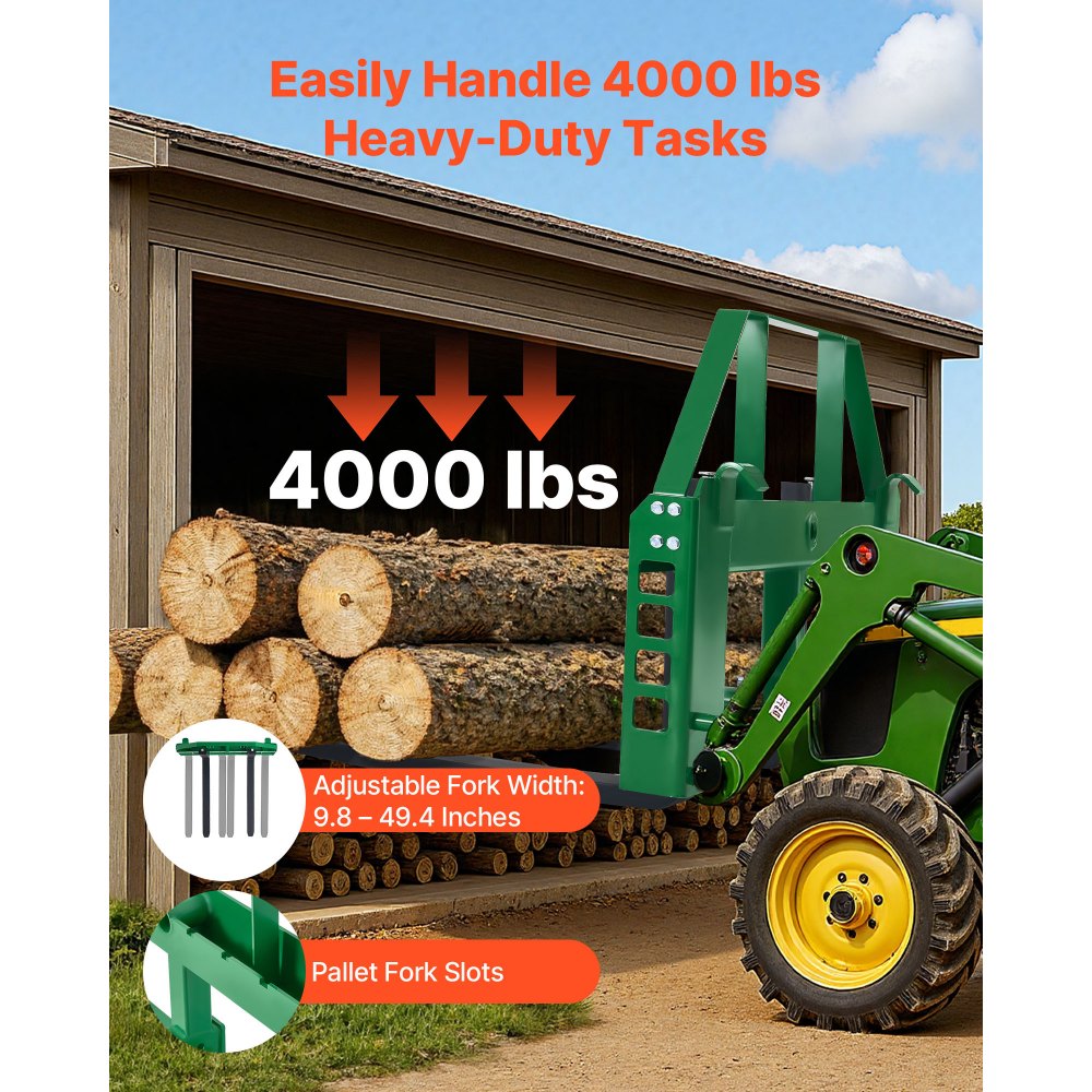 VEVOR Pallet Fork Frame Attachment with 36-inch Skid Steer Forks for JD Tractors