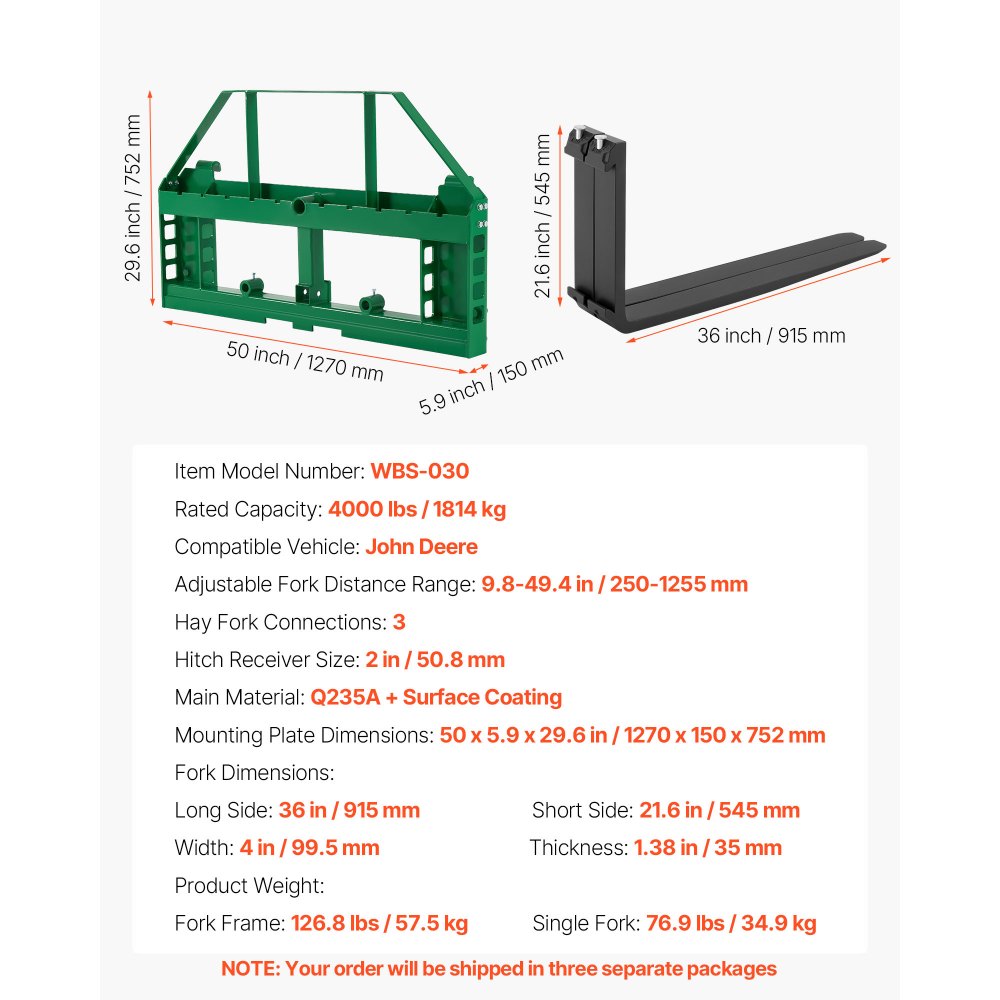 VEVOR Pallet Fork Frame Attachment with 36-inch Skid Steer Forks for JD Tractors