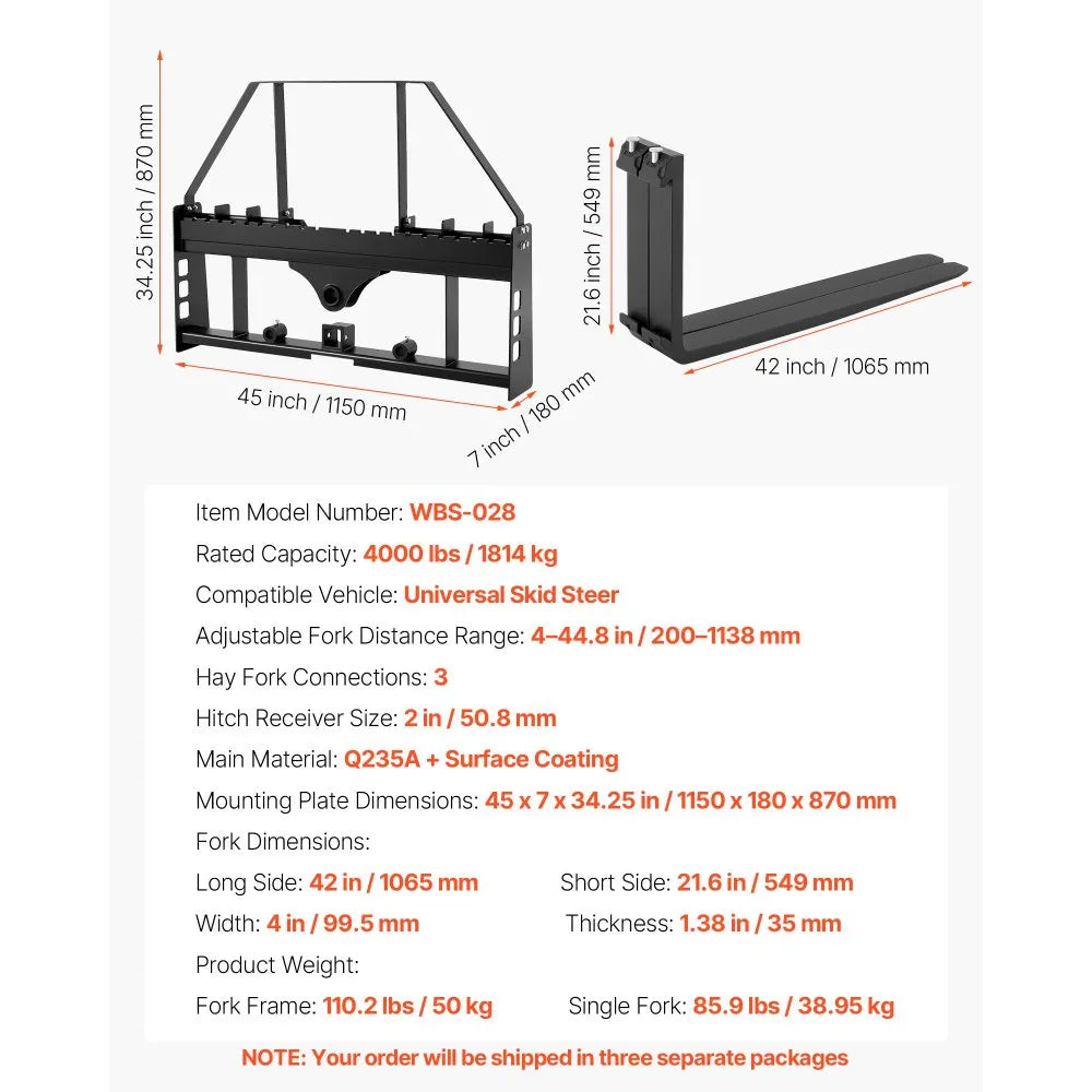 VEVOR Pallet Fork Frame Attachment with 42-inch Skid Steer Pallet Forks 4000 lbs