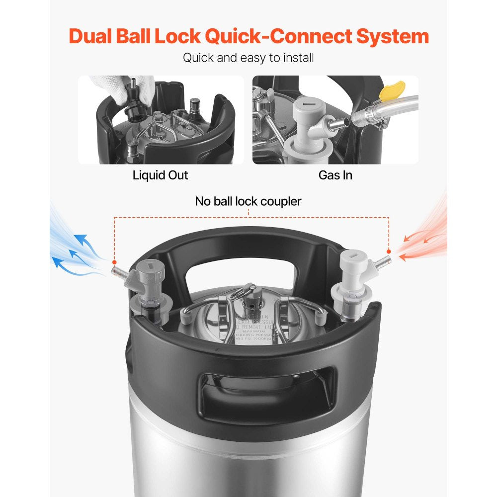 VEVOR Corny Keg, 2.5 Gallon Ball Lock Keg, SUS304 Cold Brew Kegs with Dual Rubber Handles & Heavy-Duty Rubber Bottom, Brewing Equipment for Home Brewing Party, 2 PCS