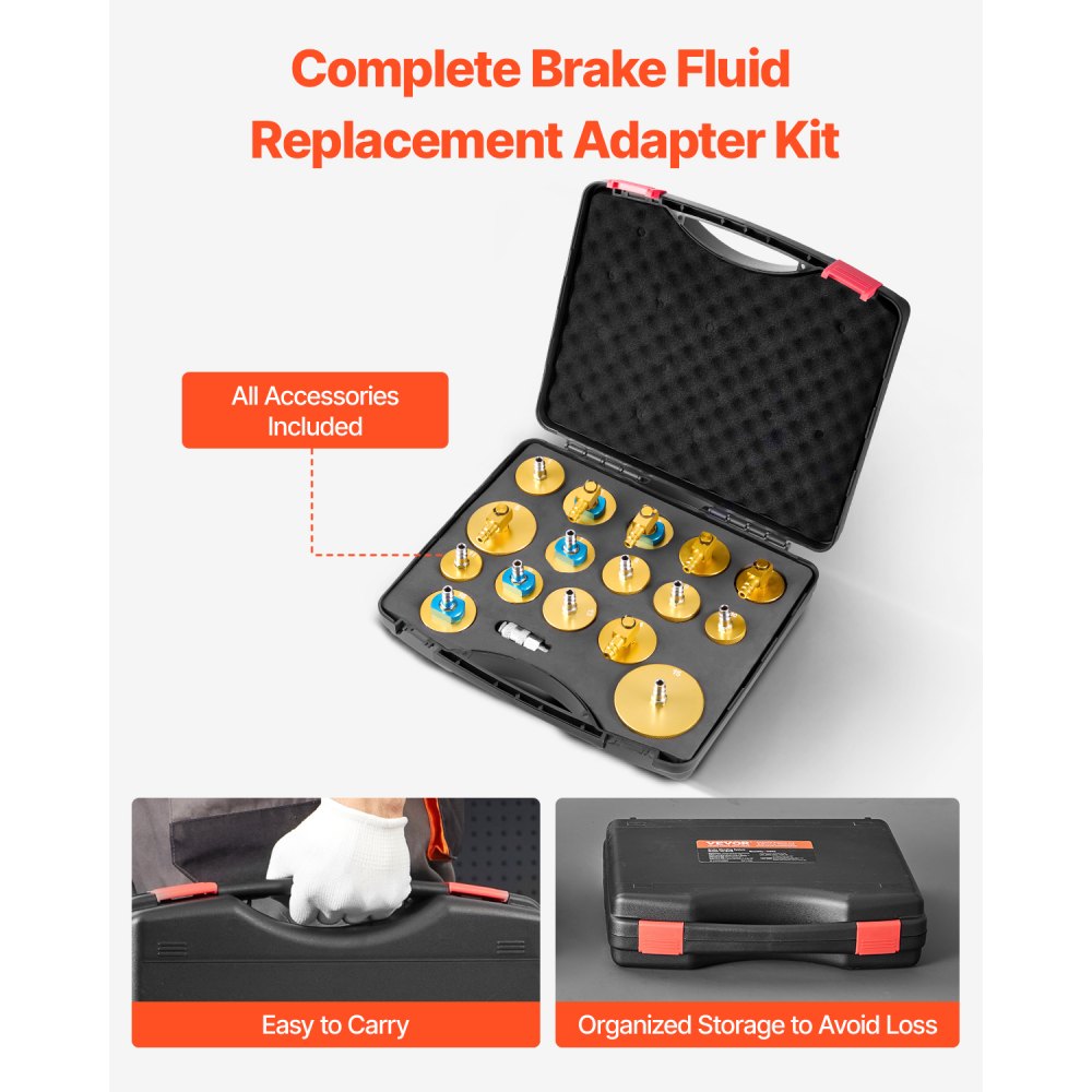 VEVOR Brake Master Bleeder Kit, 17 Pcs, Professional Brake Bleeder Adapter Set with Complete Kit & Handle, Durable Brake Bleeder Adapter for Brake Fluid Filling Fit for Most New & Old Vehicles