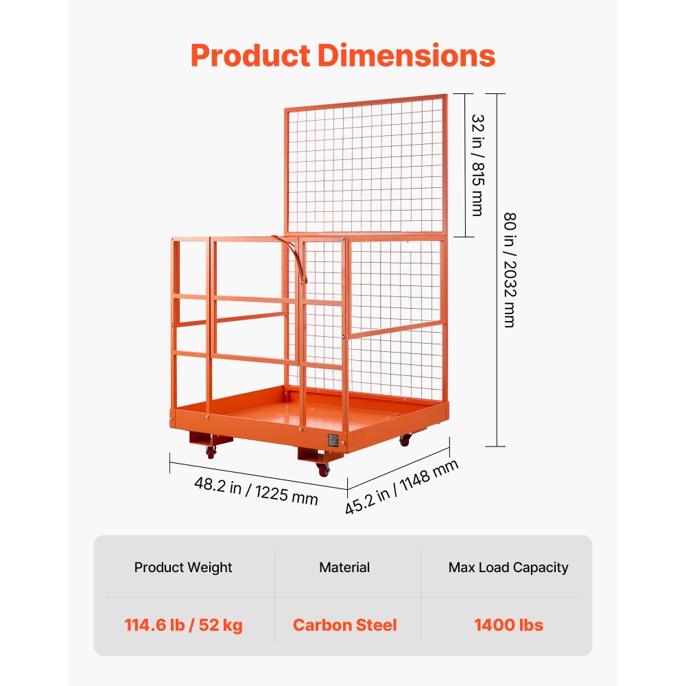 VEVOR Forklift Safety Cage, 48.2 x 45.2 Inch, Heavy Duty Forklift Man Basket, 1400 lbs Capacity Work Platform Lift Basket with Safety Harness, Lock, Wheels, Drain Hole, for Aerial Work Lifting Loader