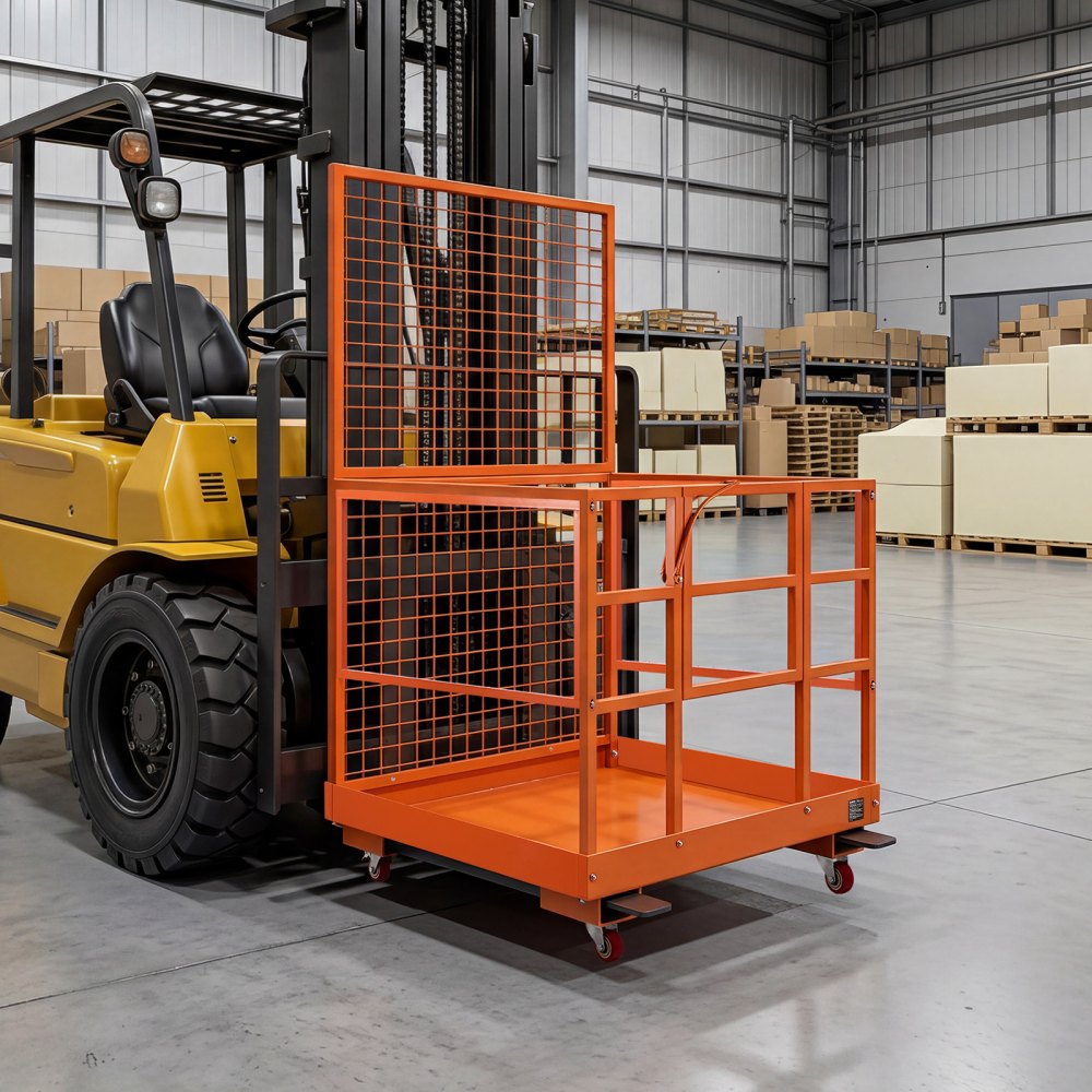 VEVOR Forklift Safety Cage, 48.2 x 45.2 Inch, Heavy Duty Forklift Man Basket, 1400 lbs Capacity Work Platform Lift Basket with Safety Harness, Lock, Wheels, Drain Hole, for Aerial Work Lifting Loader