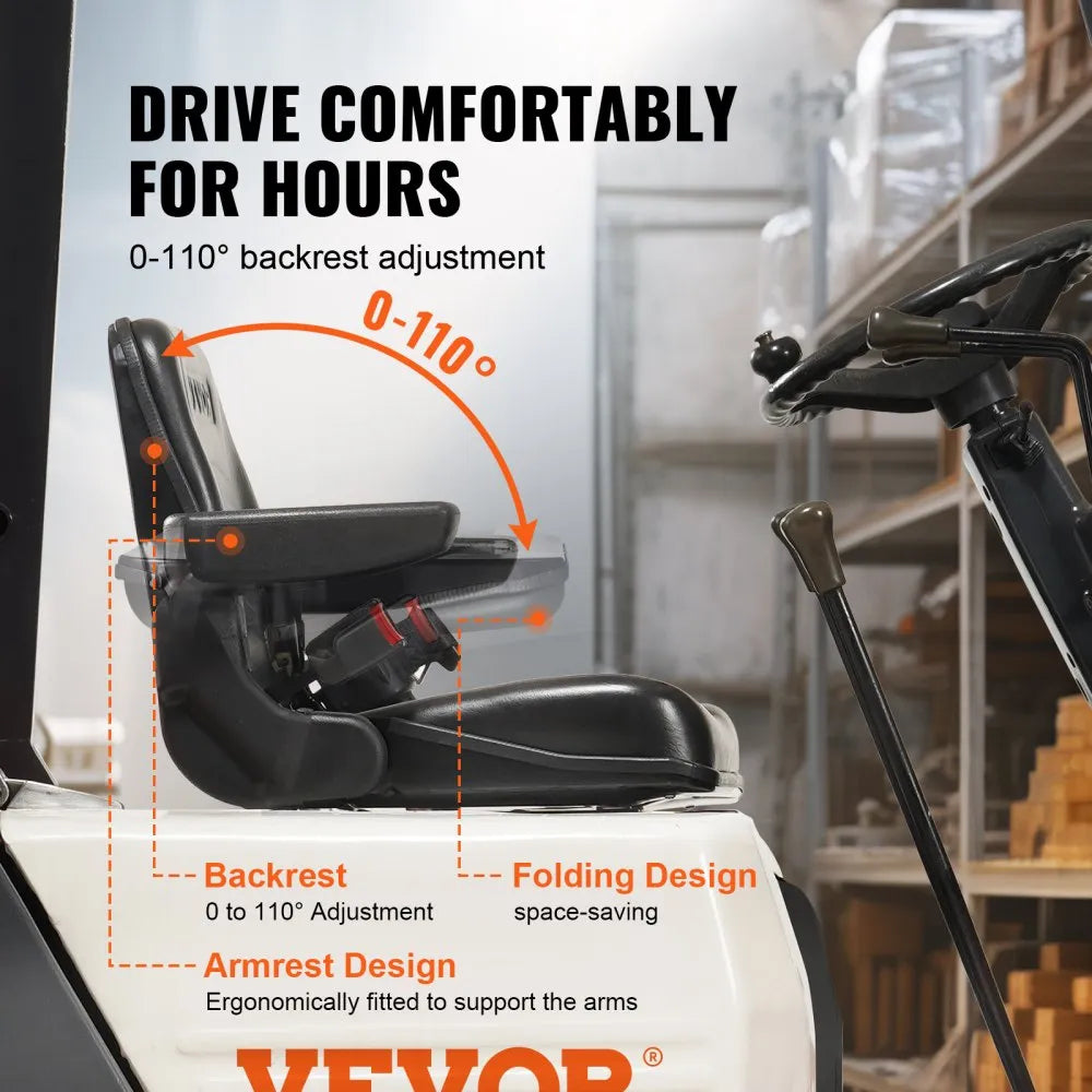 VEVOR Universal Forklift Seat, Fold Down Tractor Seat with Adjustable Angle Back, Micro Switch, Seatbelt and Armrests, 6.3-13.4 inch Slot Tractor Seat for Tractor Loader Excavator