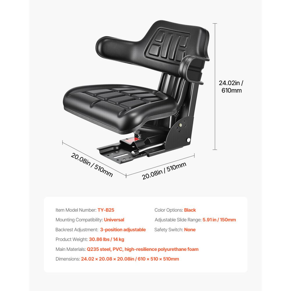 VEVOR Universal Forklift Seat Wrap Around, Universal Tractor Seat with Micro Switch, Adjustable Tractor Suspension Seat with Tilt Fits for John Deere, Ford, Massey Ferguson, New Holland Tractor