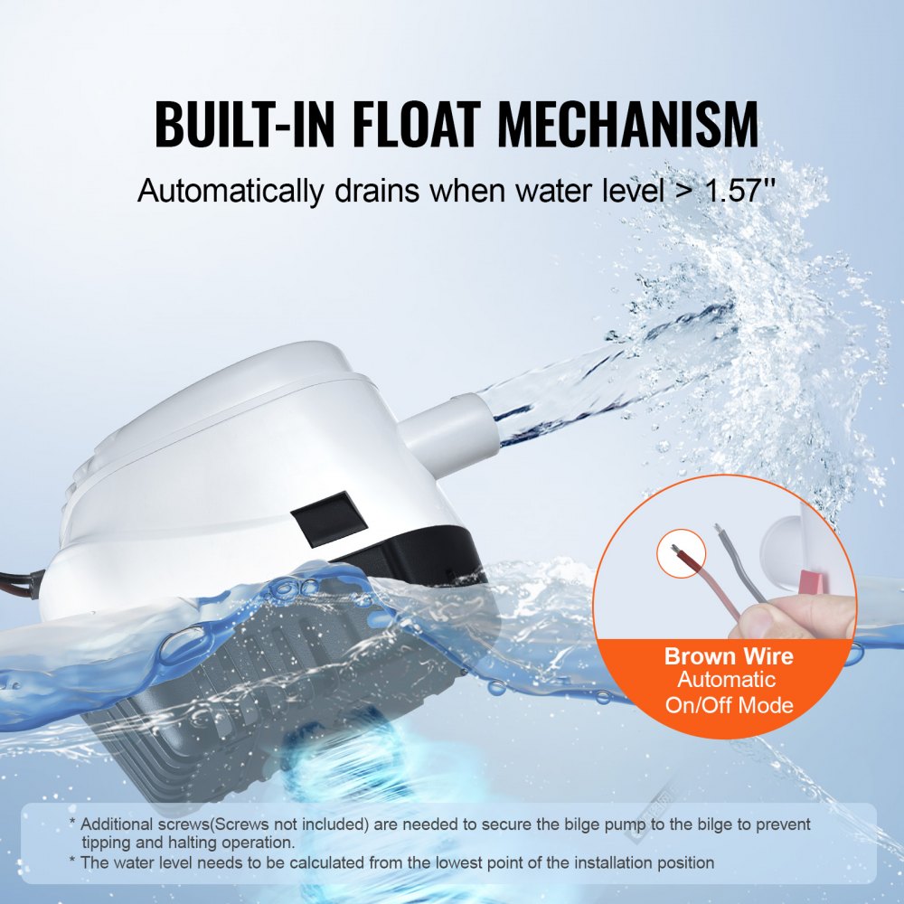 VEVOR Bilge Pump, 750GPH 12V Automatic Submersible Boat Bilge Water Pump with Float Switch, 0.7" Outlet Diameter, Small Boat Bilge Pump, Marine Electric Bilge Pump for Boats, Ponds, Pools, Basements
