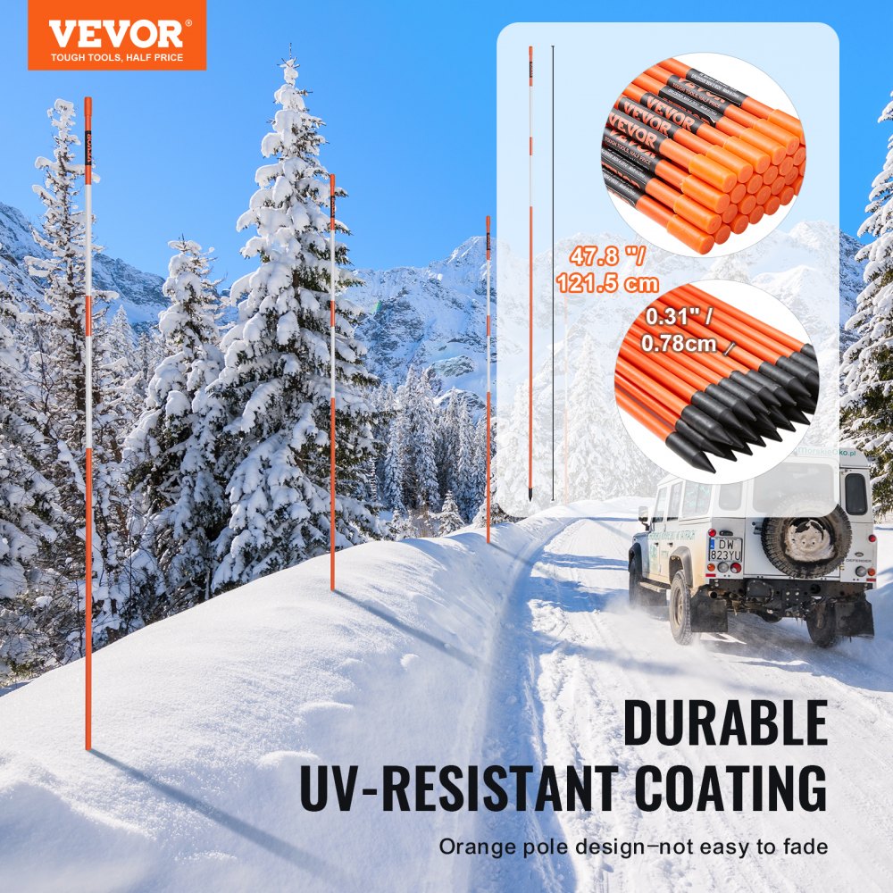 VEVOR Driveway Markers, 100 PCS 48 inch, 0.31 inch Diameter, Orange Fiberglass Poles Snow Stakes with Reflective Tape, 12" Steel Drill Bit & Protection Gloves for Parking Lots, Walkways Easy Visibility