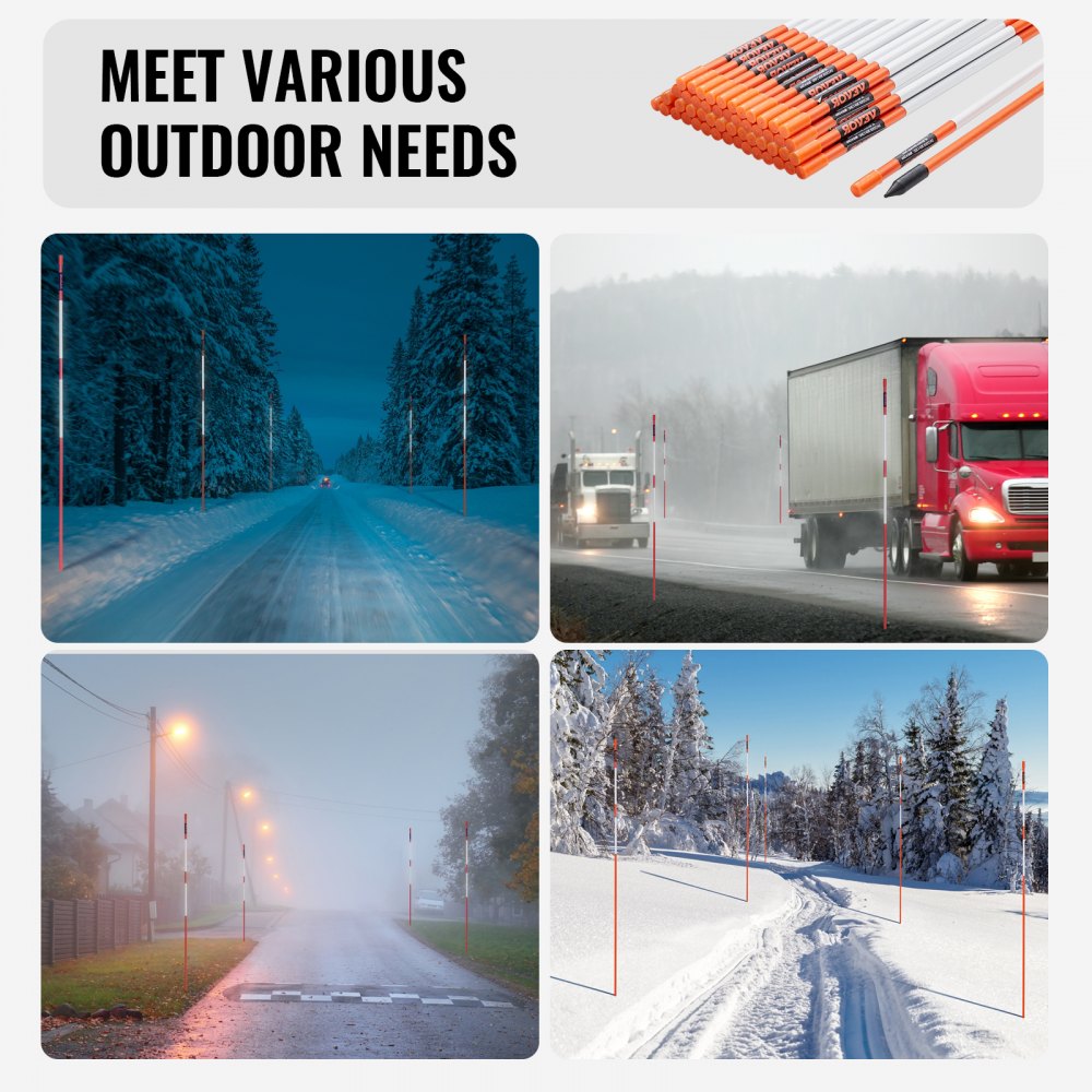 VEVOR Driveway Markers, 100 PCS 48 inch, 0.31 inch Diameter, Orange Fiberglass Poles Snow Stakes with Reflective Tape, 12" Steel Drill Bit & Protection Gloves for Parking Lots, Walkways Easy Visibility