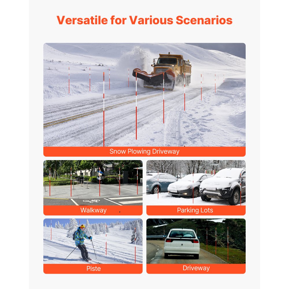 VEVOR Driveway Markers, 100Pcs 72 in Long 5/16 in Dia, Hi-Visibility Driveway Reflectors with 12 in Steel Drill Bits, Reflective Snow Sticks Fiberglass Pole for Parking Lots, Walkways, Snow Plowing