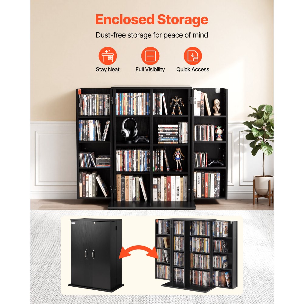 VEVOR Media Storage Cabinet, 4-Tier DVD Shelf Organizer, 24.02 x 14.49 x 33.31 in Multimedia Storage Organizer for CDs, DVDs, Books, Games, CD Shelf for Living Room, Home Office, Recording Room, Black